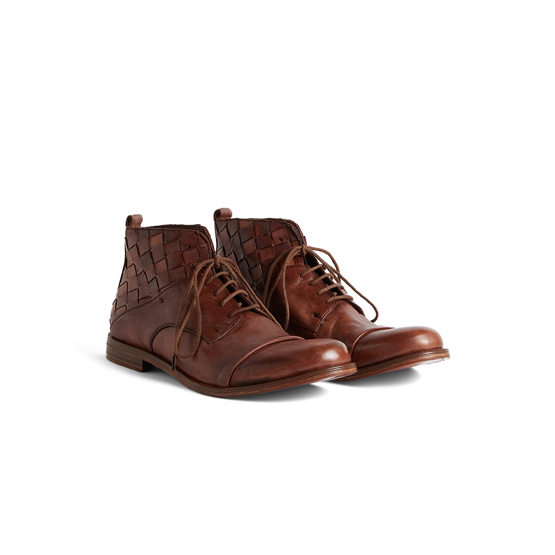 Men's Lace Up Ankle Boots with Woven Leather Heel